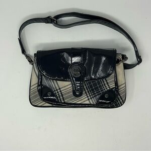 London Fog Plaid‎ Patent Shoulder Bag Black White Checkered Y2K Kiss Lock